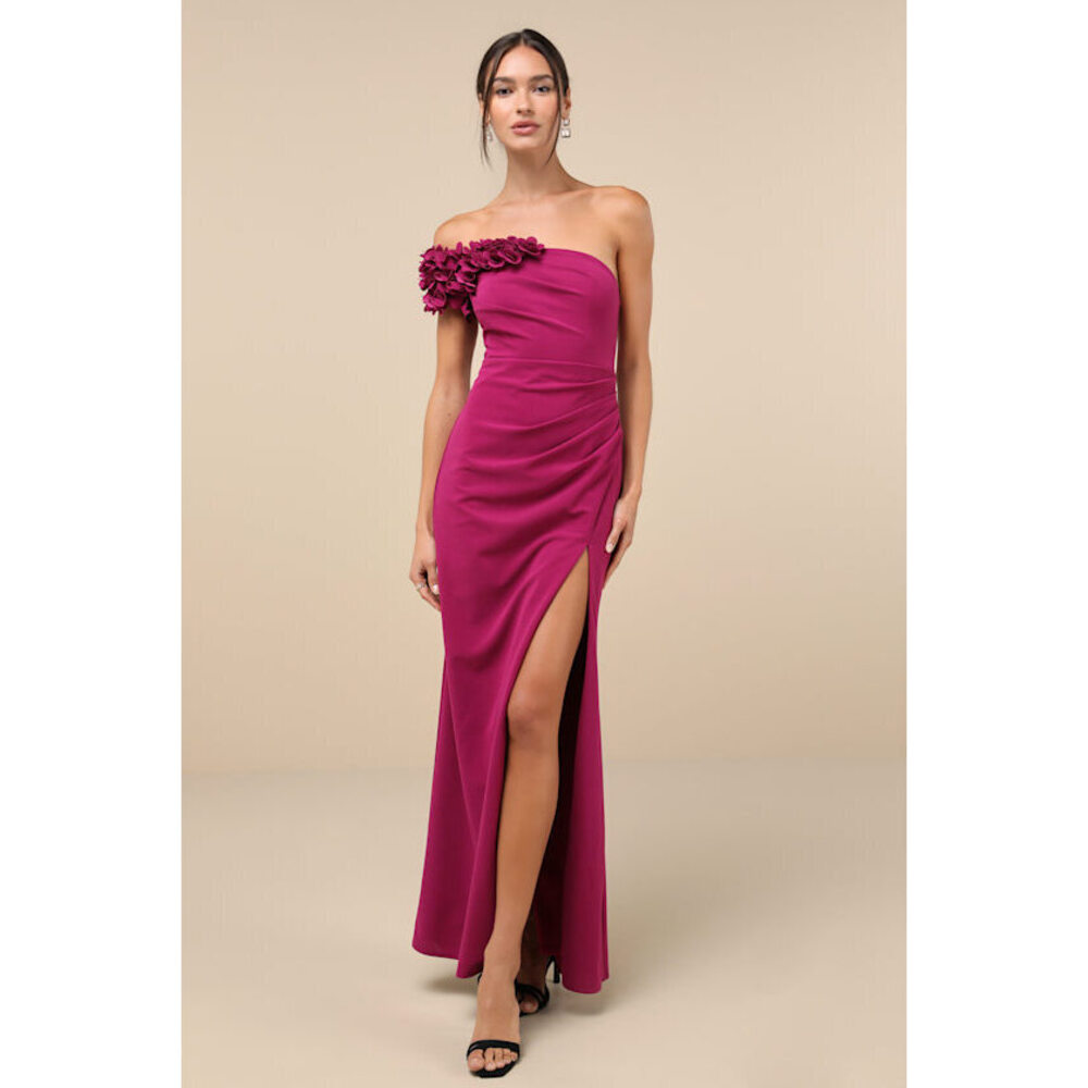 Lulus Beyond Elegant Magenta 3d Floral One-shoulder Maxi Dress Purple